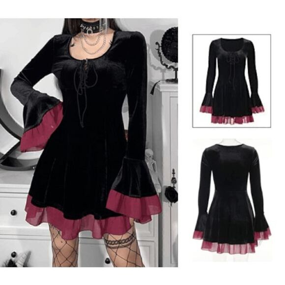 🖤 Goth Lace-Up Retro Black Velvet Long Flare Sleeve Steampunk Dress SIZE M NEW - Picture 8 of 15
